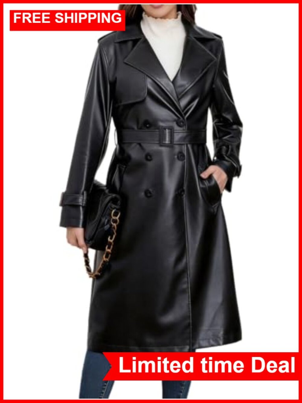 Faux Leather Trench Coat Double Breasted Belted Long Jacket